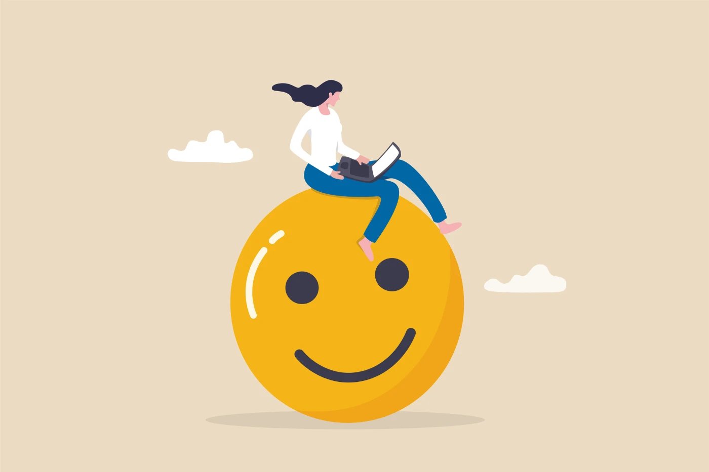 illustration of woman using laptop while sitting on giant smiley face