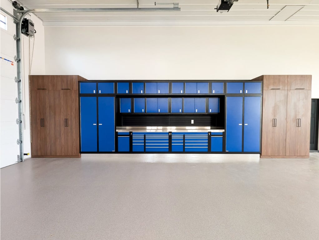 California Closets garage system. Designed in a combination of metal cabinetry and our thermally-fused laminate.