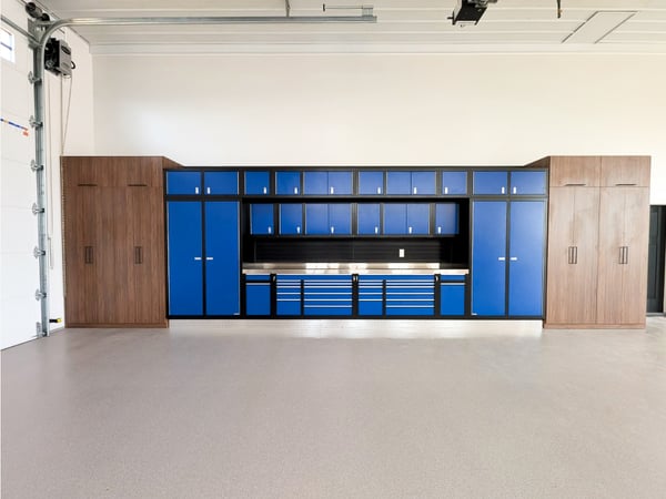 California Closets garage system. Designed in a combination of metal cabinetry and our thermally-fused laminate.