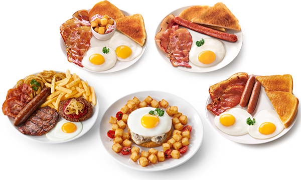 Five all-day breakfast meals, including dishes with scrambled eggs, hashbrowns and bacon & eggs