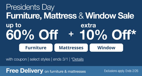 Save up to 60% off plus an extra 10% during JCPenney's Presidents Day Furniture, Mattress, & Window Sale