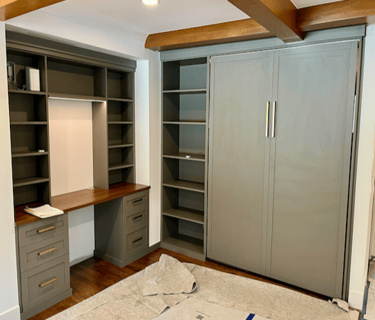 Wall bed with shelving and drawers