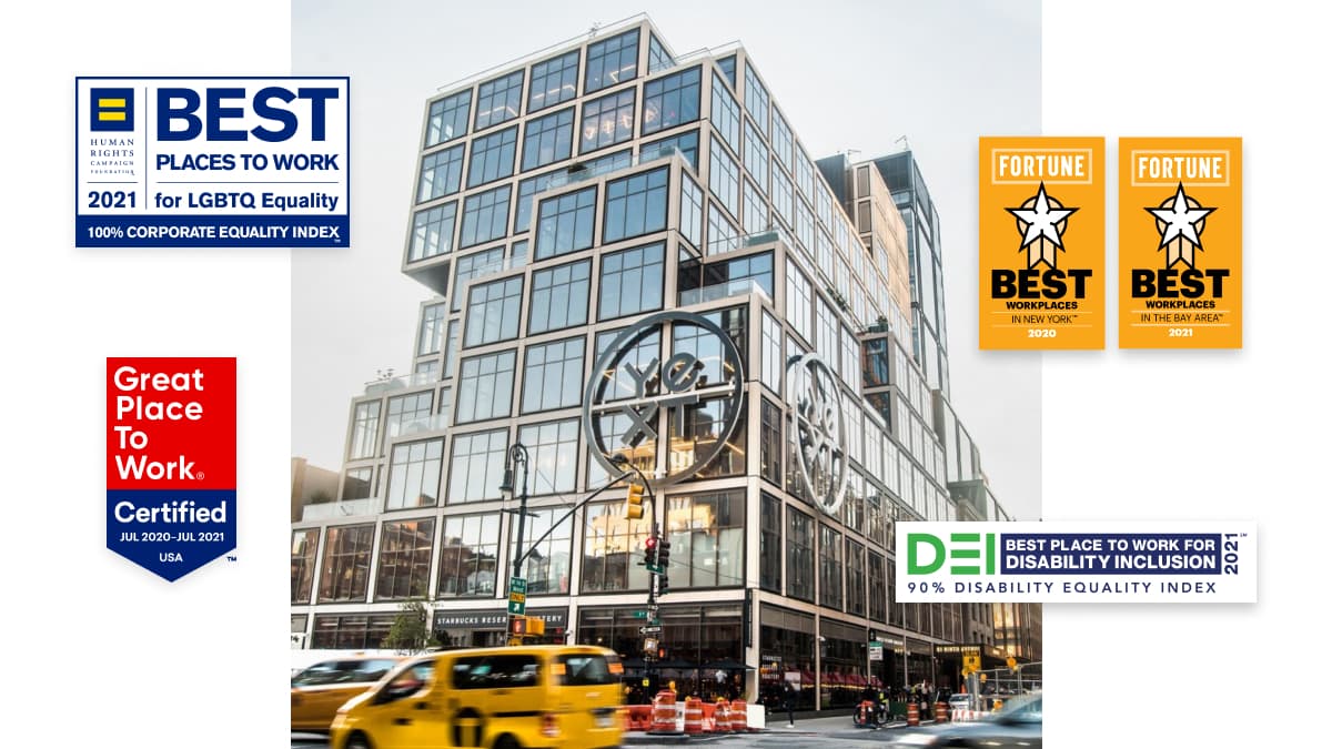 Picture of Yext HQ with workplace awards surrounding it. The awards are: "Best Places to Work for LGBTQ Equality", "Best Places to Work NYC", "Best Places to Work Bay Area".
