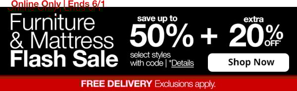 Save up to 50% off plus an extra 20% off during JCPenney's Online Only Furniture & Mattress Flash Sale