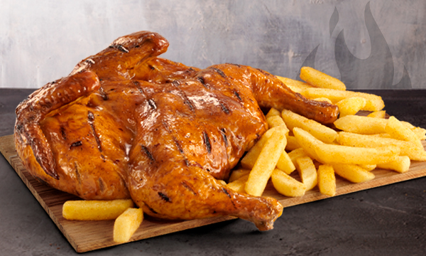 A Flame-Grilled full chicken with a large portion of Famous Hand-Cut Chips from Steers® , against a purple and grey background.