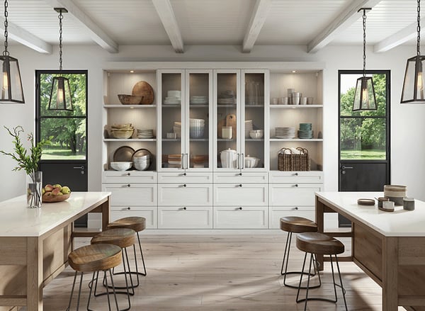 Pantry with glass doors, drawers, and open shelving in wood grain by California Closets Northern Michigan