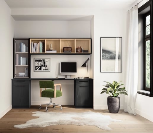 Home office with custom built-in cabinetry, desk storage, open shelving and glass-front cabinets designed for an organized workspace. California Closets, Greater Detroit.