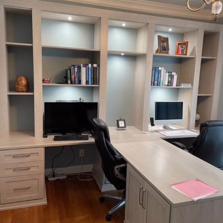 Richmond - Custom closets - custom home office with built-in desks, shelving, integrated lighting, and coordinated cabinetry for two workstations