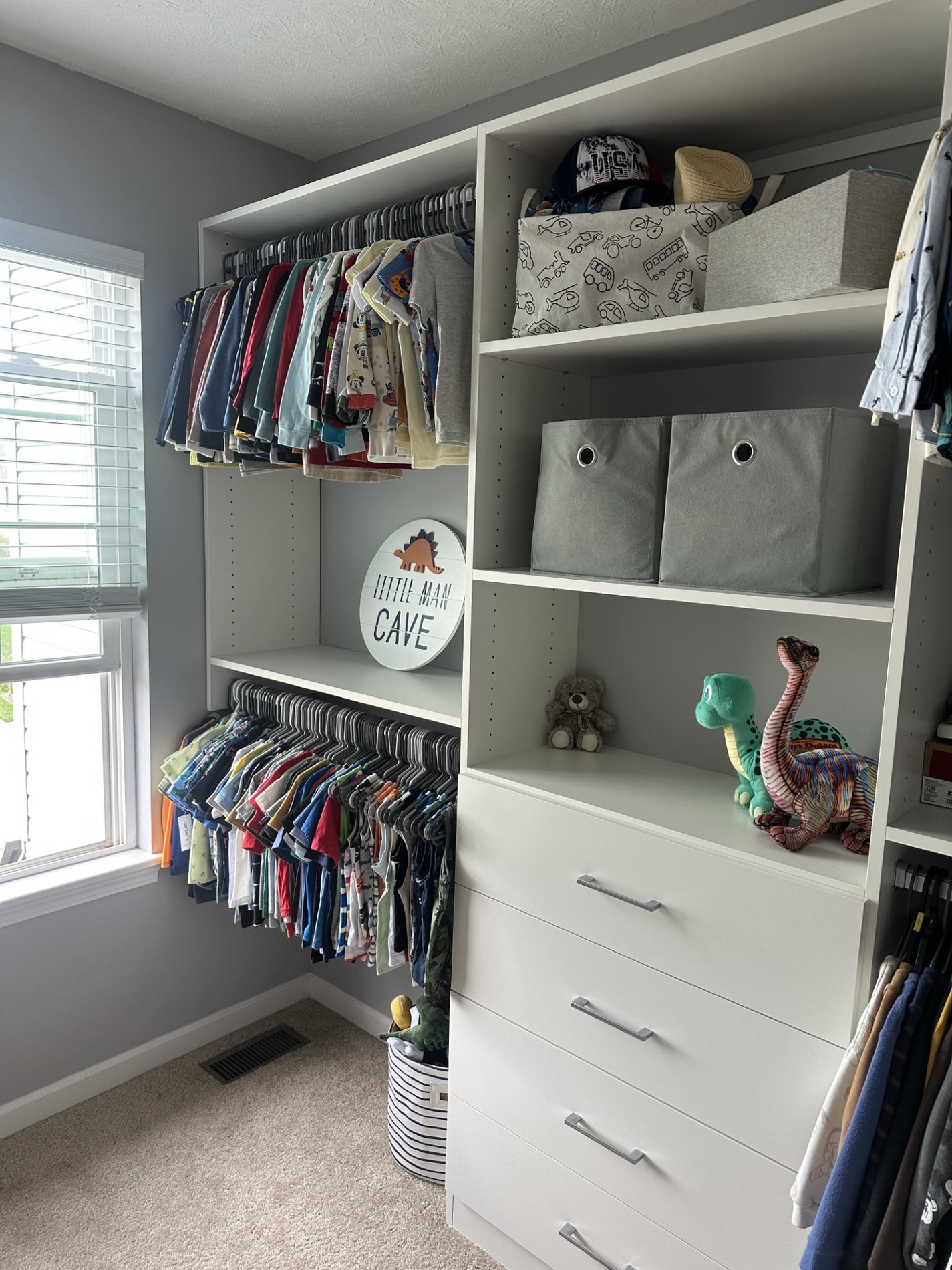 Custom kid's closet with storage for toys and hanging space.