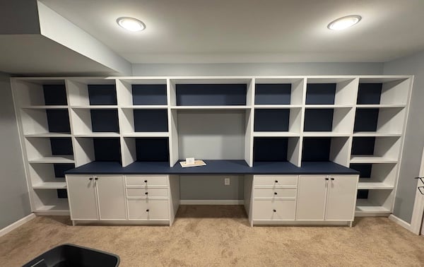 custom home office with counter top, cabinets, shelving, and workspace. California Closets Greater Detroit
