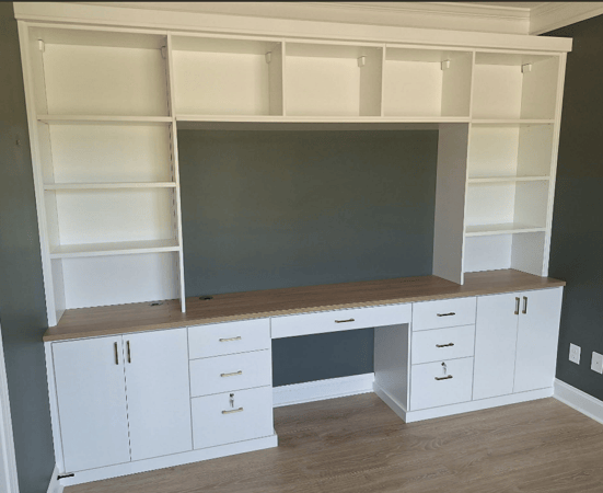 white and dark wood grain office system with shelving