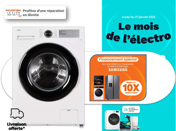 Profitez du mois de l'électro pour acquérir un lave linge Samsung à Niort ! Profitez de la livraison OFFERTE pour acquérir votre machine à laver Samsung à Boulanger Niort