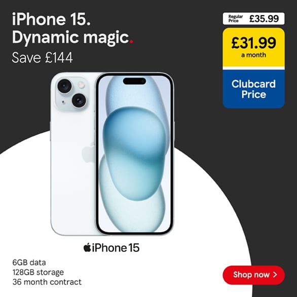 Save £144 on an iPhone 15 deal this Black Friday with Clubcard Prices at Tesco Mobile, Shop now