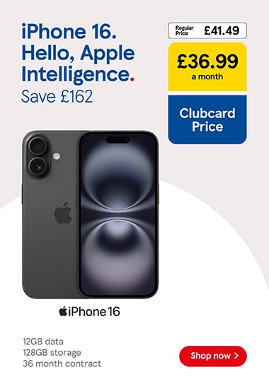 Save £162 on an iPhone 16 deal with Clubcard Prices at Tesco Mobile, Shop now