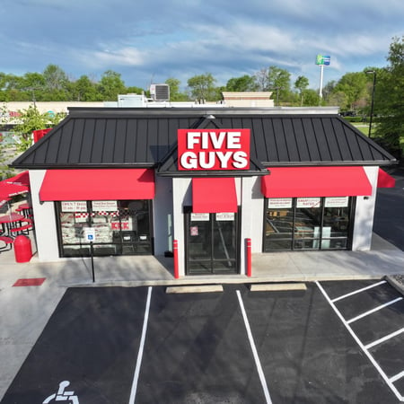 Aerial photograph of the Five Guys restaurant at 101 Lawson Drive in Georgetown, Kentucky.