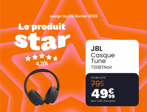 Casque audio JBL en promotion chez Boulanger La roche sur yon

Le casque JBL Tune 720BT en noir (réf. 1189078) est actuellement proposé sur boulanger.com. Il s’agit d’un casque audio Bluetooth et filaire confortable, qui englobe l’oreille et offre une grande autonomie jusqu’à 76 heures, ainsi qu’une connexion multipoint pour passer facilement d’un appareil à un autre (smartphone, tablette…).

Ce modèle bénéficie d’une forte note client (environ 4,7/5) et se distingue par ses commandes tactiles, sa compatibilité avec les assistants vocaux et sa possibilité de l’utiliser en filaire ou sans fil.

C’est une offre intéressante pour un casque polyvalent à bon rapport qualité-prix.