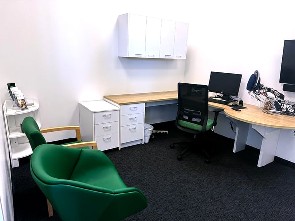Interior photo of the consultation office in the AudioNova hearing clinic in Downers Grove, IL
