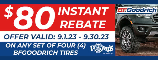 Get $80 INSTANT SAVINGS off any set of four (4) new BF Goodrich Tires now until 9.30.2023!

Offer valid 9.1.23 - 9.30.23