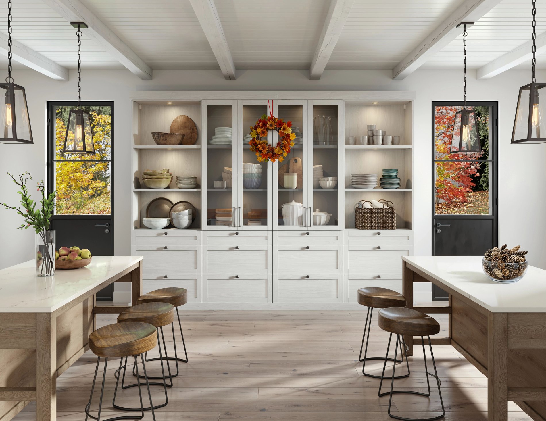 Light custom pantry with glass doors, lit shelving, and plenty of drawers for storage in Greenwich, Connecticut