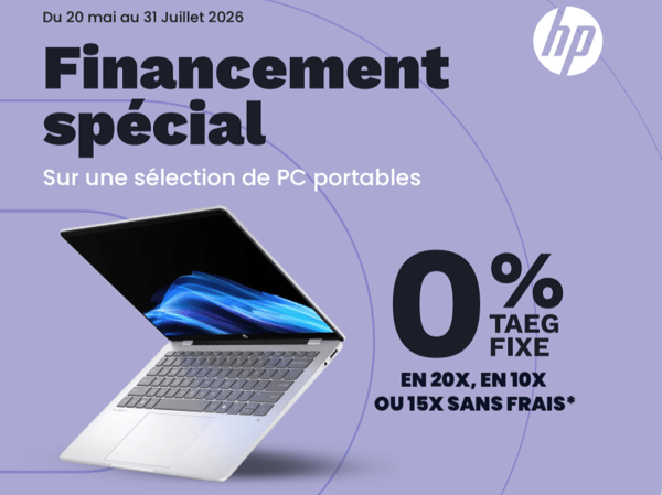 10, 15, 20 fois sans frais sur une sélection de PC portables HP du 20 mai au 31 juillet 2026 dans votre magasin Boulanger sarcelles