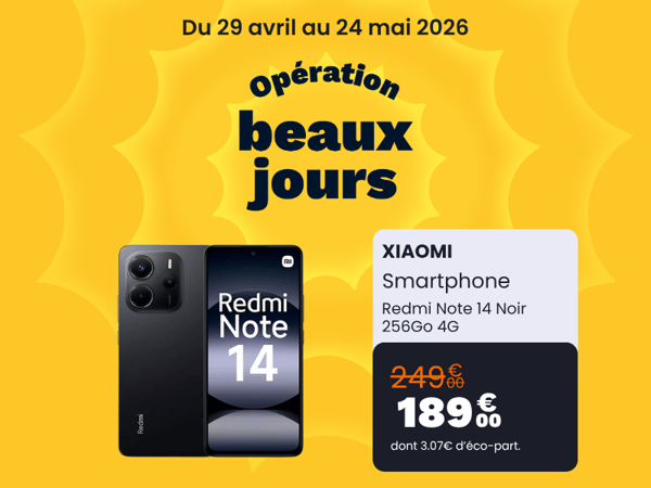 Smartphone XIAOMI Redmi Note 14 Noir 256Go 4G à 189€