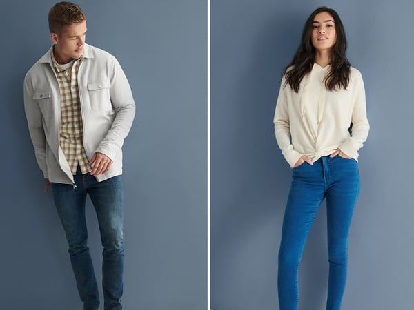 Woman and man wearing Express sweaters, shirts and jeans.