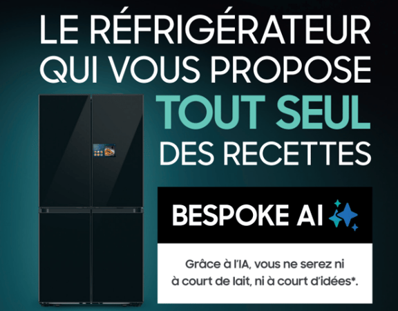 Un réfrigérateur de la marque Samsung équipé d'intelligence artificielle. Lancement d'une nouvelle gamme de produits gros électroménager Samsung équipée d'IA