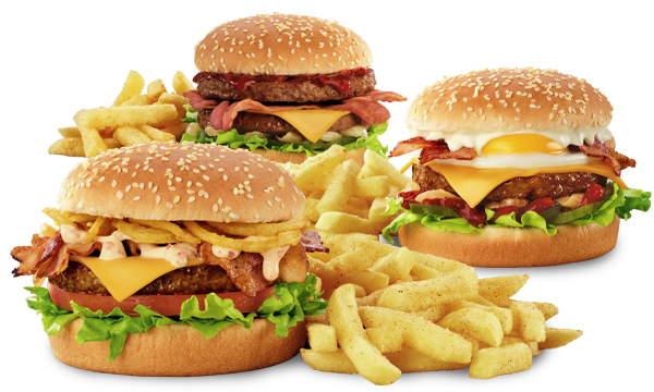 A variety of burgers from Wimpy’s lunch menu, each served with a portion of chips.