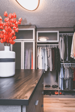 Walk-in bedroom closet with hanging space, drawers, and a counter.