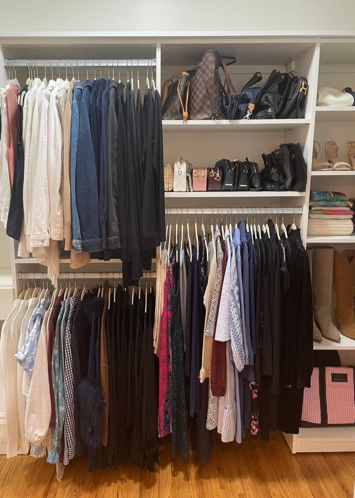 Greensboro - Custom closets - Walk-in closet with clothing racks at different heights and shelves for shoes and purses
