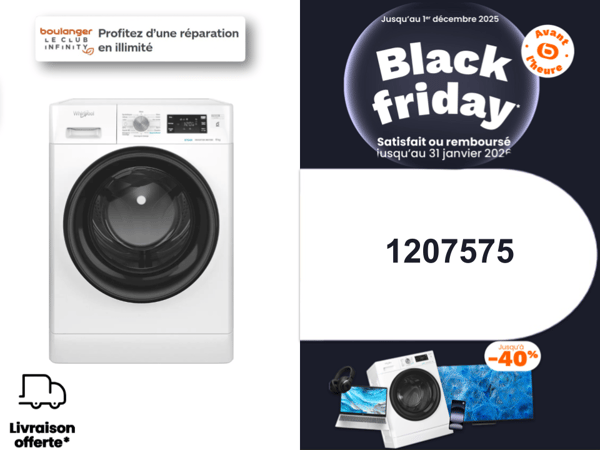 Lave linge hublot WHIRLPOOL offre black friday boulanger limoges