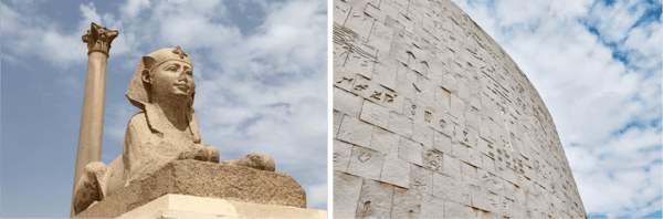 ポンペイの柱とスフィンクスのイメージ（写真左）／新アレキサンドリア図書館のイメージ（写真右）