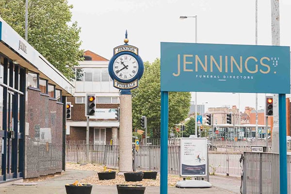 A sign reading Jennings funeral directors outside the funeral home in Horsley Fields