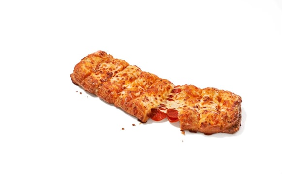 Our oven-baked breadsticks are stuffed with cheese and pepperoni - covered in a blend of cheese made with 100% real mozzarella and cheddar. Seasoned with a touch of garlic and Parmesan. Add marinara or your favorite dipping cup for an additional charge.