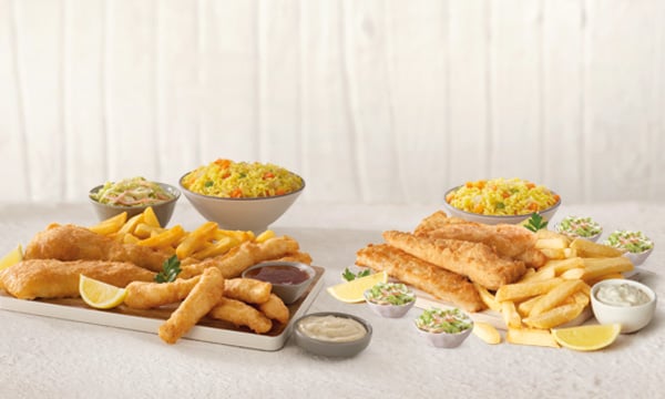 Fried fish and chips sharing meals and seafood sharing meals on a white background