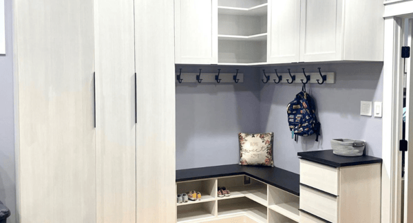 California Closets Westchester County NY custom built mudroom white and black mudroom custom storage ideas