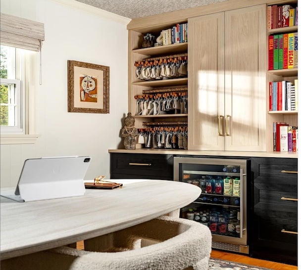Built-in home office cabinets with shelving and storage solutions for functional workspace organization