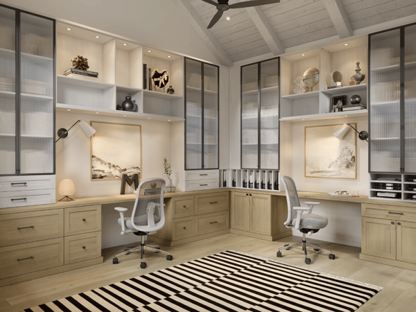 California Closets Austin custom home office setup for two, featuring floor-to-ceiling storage with adjustable shelving, glass doors, cubbies, and ample file drawers for a personalized, organized workspace with a serene neutral palette.