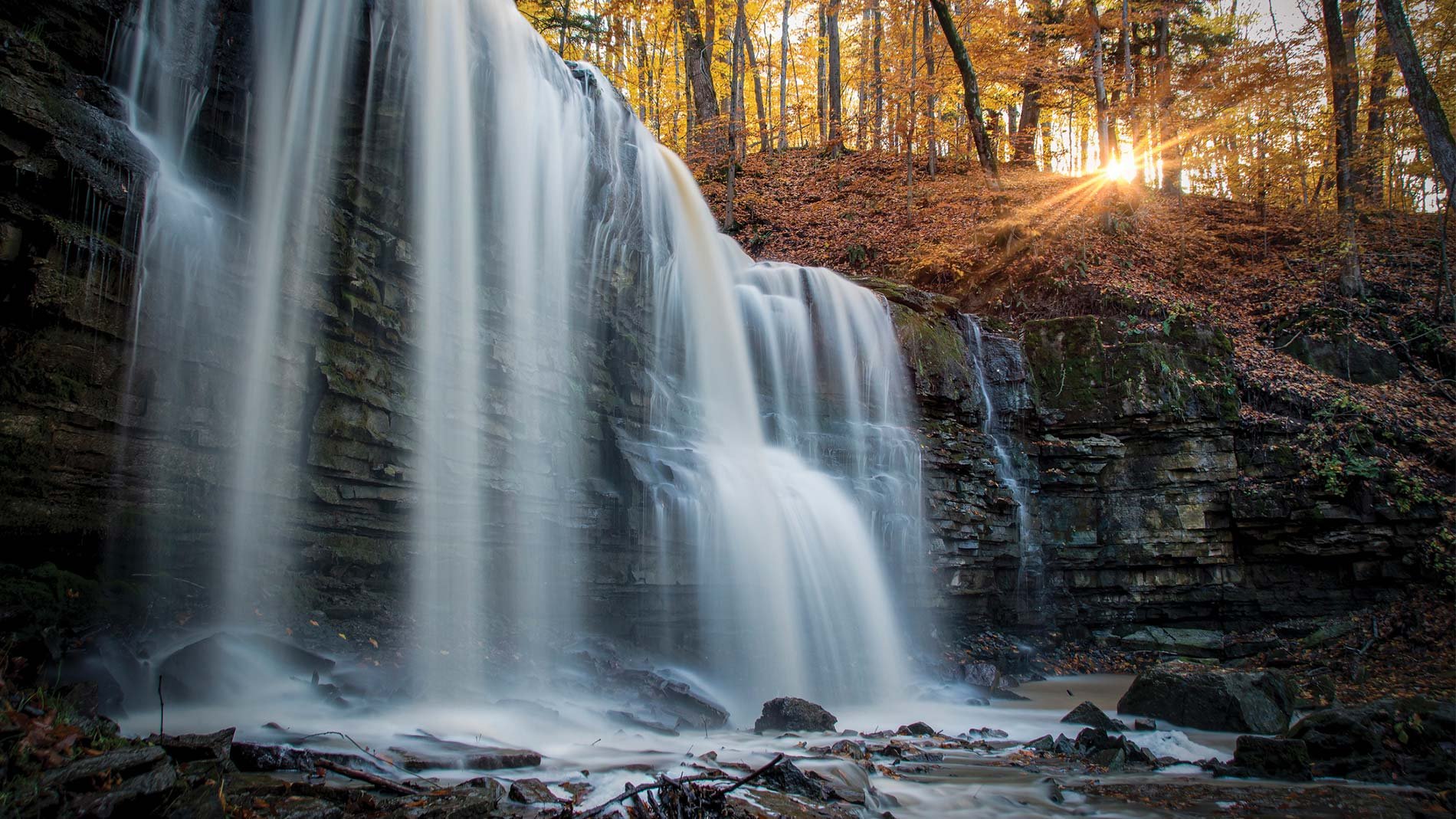 Day shot of waterfalls in the fall.