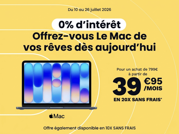 Offre de financement Apple Mac à 0 % d’intérêt, dès 39,95 €/mois en 20 fois sans frais chez Boulanger Chambéry.