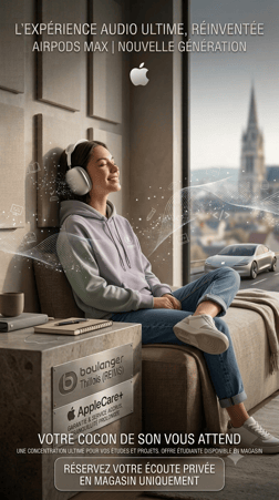 La pureté du son Apple, accessible à prix réduit. Venez tester et découvrir les AirPods Max reconditionnés certifiés directement dans votre magasin Boulanger Thillois (Reims).

Pourquoi choisir vos AirPods Max reconditionnés à Boulanger Thillois ?
🎧 L'expérience audio ultime : Plongez dans un son spatial personnalisé et une réduction active du bruit Pro pour une immersion totale.

🌿 Des économies certifiées : Profitez de la performance et du design premium d'Apple à un prix nettement inférieur à celui du neuf. Équipez-vous malin !

🛡️ Qualité & Garantie Boulanger : Nos AirPods Max sont rigoureusement testés et certifiés par nos experts, et bénéficient de la garantie Boulanger pour votre tranquillité.

🤝 Conseil & Prise en main : Nos experts Audio vous accueillent pour coupler vos appareils et vous montrer toutes les fonctionnalités de votre nouveau casque.

Où trouver votre modèle ?
Rendez-vous directement au rayon Audio de votre magasin Boulanger Thillois - Parc Commercial de Thillois (51370) pour découvrir notre stock disponible.