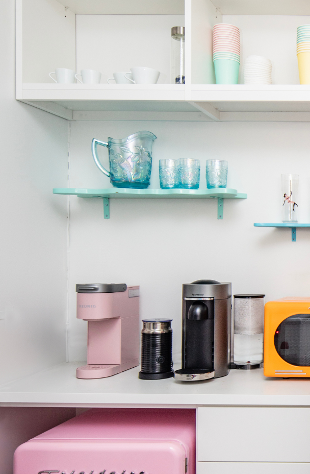 California Closets Manhattan New York City Custom White Coffee Bar with Custom Shelving and Drawers for Coffee, Fridge Storage and Kitchenware Pantry Storage