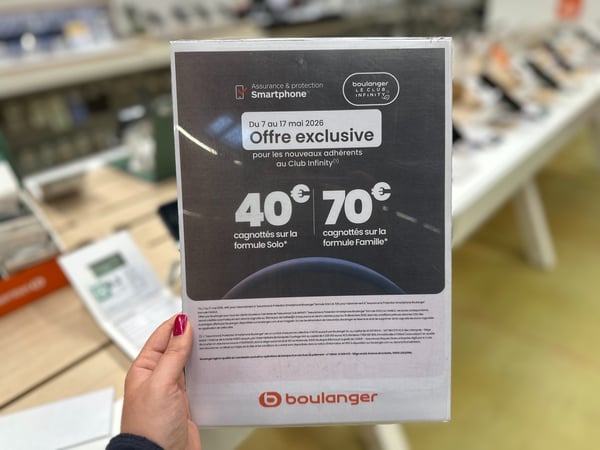 Jusqu'à 70€ de chèque fidélité en adhérant à l'assurance Smartphone SOLO ou FAMILLE du 7 au 17 mai 2026 dans votre magasin Boulanger sarcelles