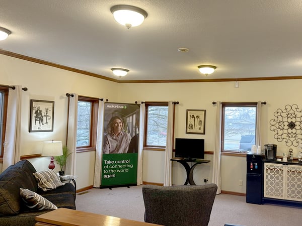 Interior photo of the waiting area of the AudioNova hearing clinic in Fort Wayne, IN