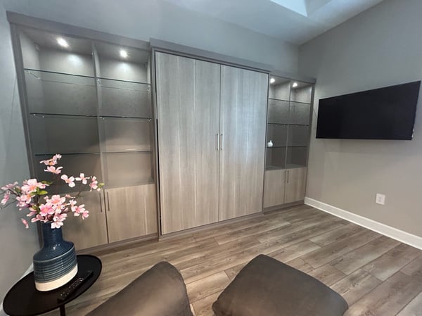 WALL BED in PIETRA with GLASS SHELVES and LED lighting