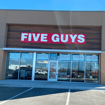 Entrance to the Five Guys restaurant at 7733 West 159th Street in Overland Park, Kansas.