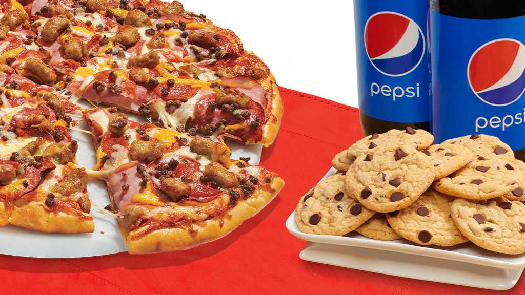 Take'N'Bake pizza, dessert, and drinks.