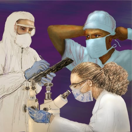 An illustrated picture of various Christus Health System employees. A Nurse ties his surgical mask, a doctor looks through a microscope, and a doctor in full PPE takes notes on a clipboard.