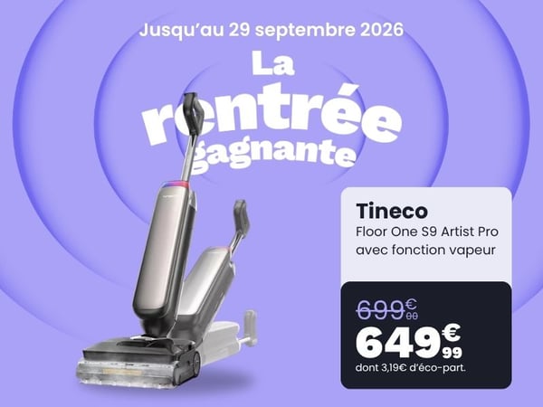 Aspirateur laveur Tineco Floor One S9 Artist Pro avec fonction vapeur en promotion à 649,99 € chez Boulanger Nîmes.