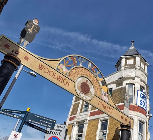 Ornate sign above the market on Beresford Street in Woolwich